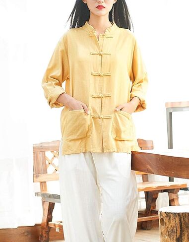 Lazutom Women's Cotton Linen Frog Button Mandarin Collar Chinese Martial Arts Kung Fu Tai Chi Shirt Tunic in Saudi Arabia