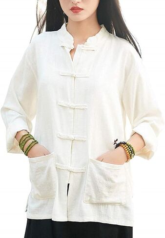 Lazutom Women's Cotton Linen Frog Button Mandarin Collar Chinese Martial Arts Kung Fu Tai Chi Shirt Tunic in Saudi Arabia