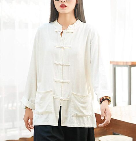 Lazutom Women's Cotton Linen Frog Button Mandarin Collar Chinese Martial Arts Kung Fu Tai Chi Shirt Tunic in Saudi Arabia