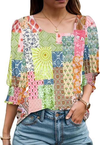 ETCYY NEW Womens Tops Dressy Casual Shirts 3/4 Length Sleeve Blouses for Women with Smocked Cuffs in Kuwait