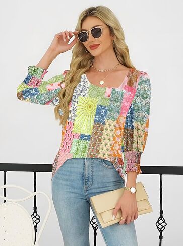 ETCYY NEW Womens Tops Dressy Casual Shirts 3/4 Length Sleeve Blouses for Women with Smocked Cuffs in Kuwait