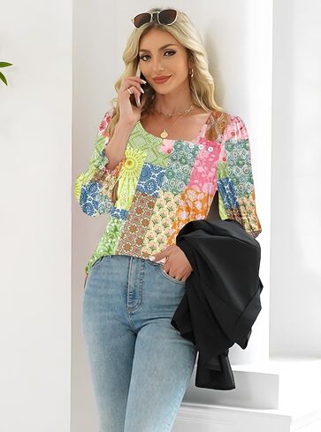ETCYY NEW Womens Tops Dressy Casual Shirts 3/4 Length Sleeve Blouses for Women with Smocked Cuffs in Kuwait