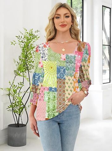ETCYY NEW Womens Tops Dressy Casual Shirts 3/4 Length Sleeve Blouses for Women with Smocked Cuffs in Kuwait
