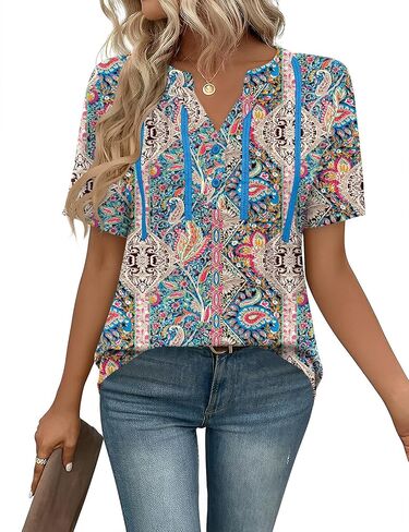 Rapbin Short Sleeve Shirts for Women Pleated V Neck Lace Blouses Dressy Casual Elegant Tops Loose peasant Summer T-Shirts in Saudi Arabia