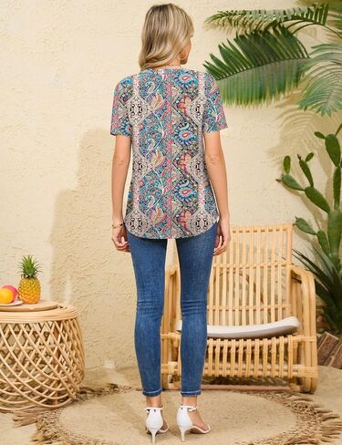 Rapbin Short Sleeve Shirts for Women Pleated V Neck Lace Blouses Dressy Casual Elegant Tops Loose peasant Summer T-Shirts in Saudi Arabia
