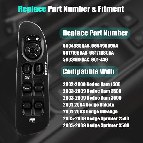 Master Power Window Switch and Bezel for 2002-2009 Dodge Ram 1500 2500 3500, 2001-2004 Dodge Dakota, 2001-2003 Dodge Durango, 2005-2009 Dodge Sprinter 2500 3500 68171680AA, 56049805AB in Saudi Arabia