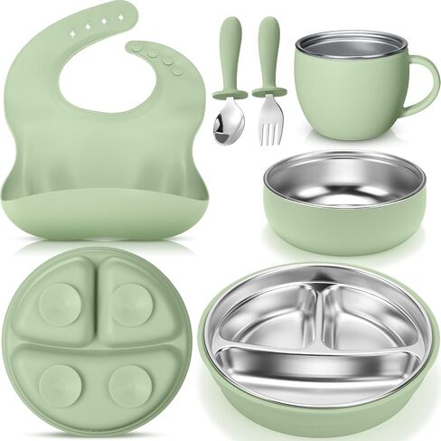 Nuogo 6 Pcs 304 Stainless Steel Kids Plates and Bowls Set Stainless Steel Suction Bowls and Toddler Cup with Removable Silicone, Forks Spoons Pocket Bib for Baby Toddler, Dishwasher Safe in Saudi Arabia