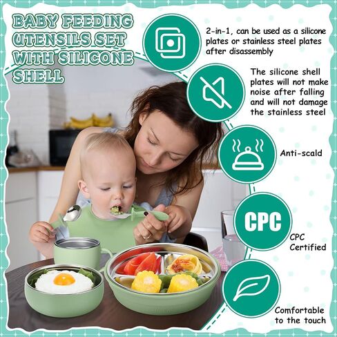 Nuogo 6 Pcs 304 Stainless Steel Kids Plates and Bowls Set Stainless Steel Suction Bowls and Toddler Cup with Removable Silicone, Forks Spoons Pocket Bib for Baby Toddler, Dishwasher Safe in Saudi Arabia