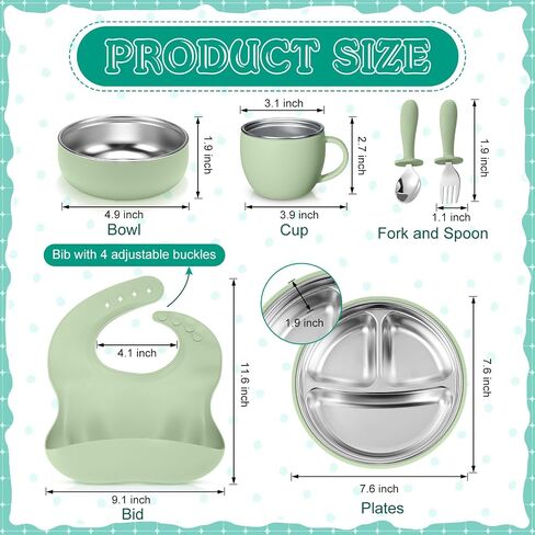 Nuogo 6 Pcs 304 Stainless Steel Kids Plates and Bowls Set Stainless Steel Suction Bowls and Toddler Cup with Removable Silicone, Forks Spoons Pocket Bib for Baby Toddler, Dishwasher Safe in Saudi Arabia