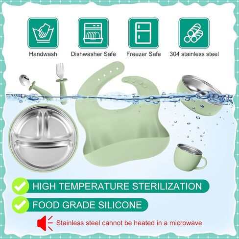 Nuogo 6 Pcs 304 Stainless Steel Kids Plates and Bowls Set Stainless Steel Suction Bowls and Toddler Cup with Removable Silicone, Forks Spoons Pocket Bib for Baby Toddler, Dishwasher Safe in Saudi Arabia