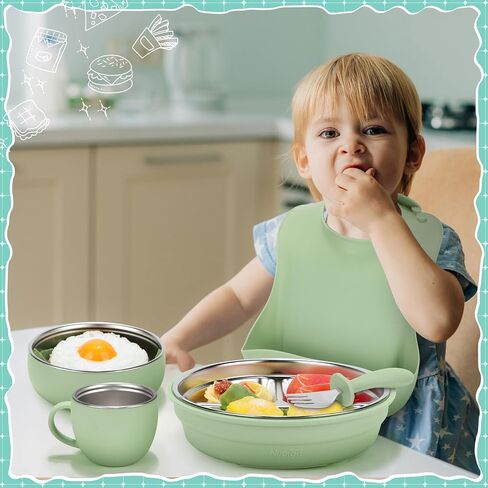 Nuogo 6 Pcs 304 Stainless Steel Kids Plates and Bowls Set Stainless Steel Suction Bowls and Toddler Cup with Removable Silicone, Forks Spoons Pocket Bib for Baby Toddler, Dishwasher Safe in Saudi Arabia