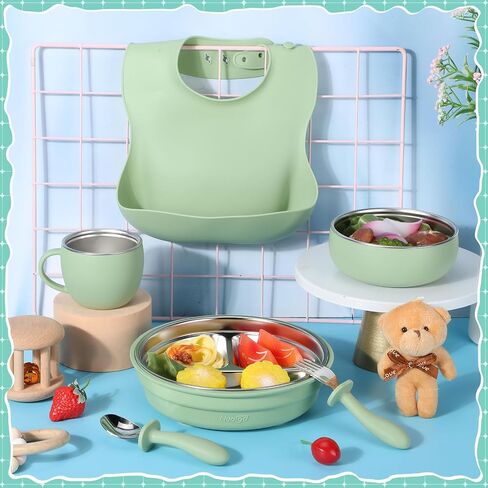 Nuogo 6 Pcs 304 Stainless Steel Kids Plates and Bowls Set Stainless Steel Suction Bowls and Toddler Cup with Removable Silicone, Forks Spoons Pocket Bib for Baby Toddler, Dishwasher Safe in Saudi Arabia