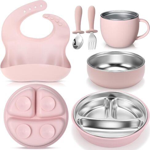 Nuogo 6 Pcs 304 Stainless Steel Kids Plates and Bowls Set Stainless Steel Suction Bowls and Toddler Cup with Removable Silicone, Forks Spoons Pocket Bib for Baby Toddler, Dishwasher Safe in Saudi Arabia