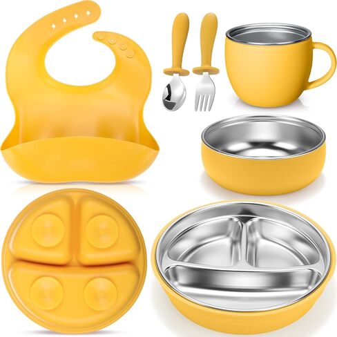 Nuogo 6 Pcs 304 Stainless Steel Kids Plates and Bowls Set Stainless Steel Suction Bowls and Toddler Cup with Removable Silicone, Forks Spoons Pocket Bib for Baby Toddler, Dishwasher Safe in Kuwait