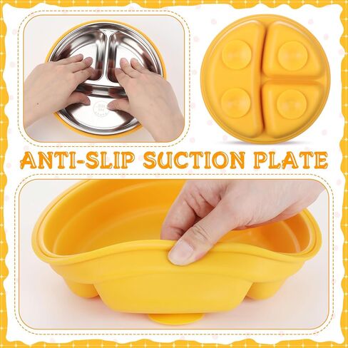 Nuogo 6 Pcs 304 Stainless Steel Kids Plates and Bowls Set Stainless Steel Suction Bowls and Toddler Cup with Removable Silicone, Forks Spoons Pocket Bib for Baby Toddler, Dishwasher Safe in Kuwait