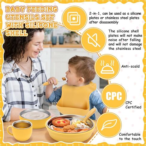 Nuogo 6 Pcs 304 Stainless Steel Kids Plates and Bowls Set Stainless Steel Suction Bowls and Toddler Cup with Removable Silicone, Forks Spoons Pocket Bib for Baby Toddler, Dishwasher Safe in Kuwait