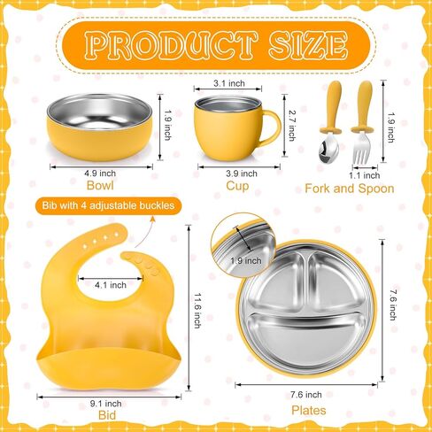 Nuogo 6 Pcs 304 Stainless Steel Kids Plates and Bowls Set Stainless Steel Suction Bowls and Toddler Cup with Removable Silicone, Forks Spoons Pocket Bib for Baby Toddler, Dishwasher Safe in Kuwait