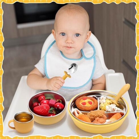 Nuogo 6 Pcs 304 Stainless Steel Kids Plates and Bowls Set Stainless Steel Suction Bowls and Toddler Cup with Removable Silicone, Forks Spoons Pocket Bib for Baby Toddler, Dishwasher Safe in Kuwait
