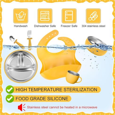Nuogo 6 Pcs 304 Stainless Steel Kids Plates and Bowls Set Stainless Steel Suction Bowls and Toddler Cup with Removable Silicone, Forks Spoons Pocket Bib for Baby Toddler, Dishwasher Safe in Kuwait