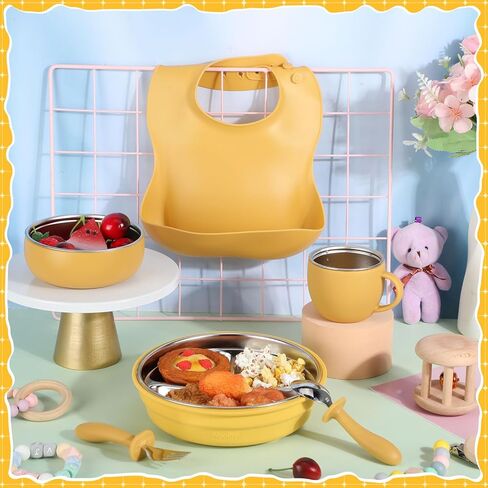Nuogo 6 Pcs 304 Stainless Steel Kids Plates and Bowls Set Stainless Steel Suction Bowls and Toddler Cup with Removable Silicone, Forks Spoons Pocket Bib for Baby Toddler, Dishwasher Safe in Kuwait