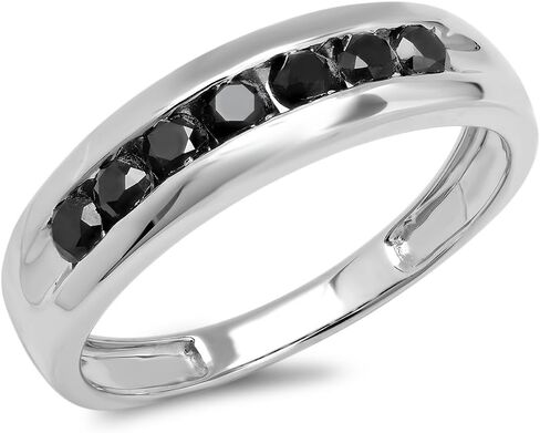 مجموعة DazzlingRock 0.95 قيراط (CTW) حقيقية جولة أسود الماس السوداء 7 الحجر الزفاف الفرقة الزفاف 1 CT ، الجنيه الاسترليني الفضة in Saudi Arabia