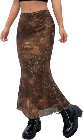 Women's Floral Midi Skirt Boho Mesh High Waisted Bodycon Summer Skirts in Kuwait
