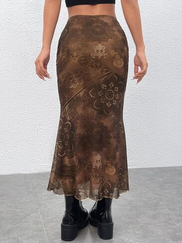 Women's Floral Midi Skirt Boho Mesh High Waisted Bodycon Summer Skirts in Kuwait