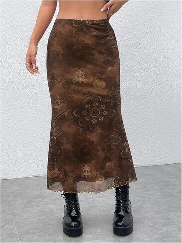 Women's Floral Midi Skirt Boho Mesh High Waisted Bodycon Summer Skirts in Kuwait