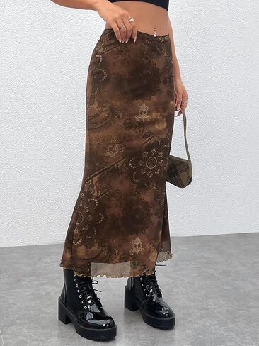 Women's Floral Midi Skirt Boho Mesh High Waisted Bodycon Summer Skirts in Kuwait