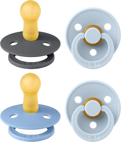 BIBS Colour Soother 4-Pack | BPA Free Dummy Pacifier | Round Nipple | Natural Rubber Latex | Made in Denmark | Size 6-18 Months | Iron Mix in Kuwait