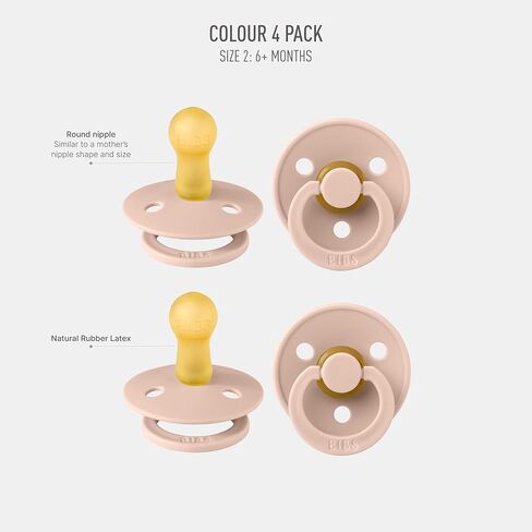 BIBS Colour Soother 4-Pack | BPA Free Dummy Pacifier | Round Nipple | Natural Rubber Latex | Made in Denmark | Size 6-18 Months | Iron Mix in Kuwait