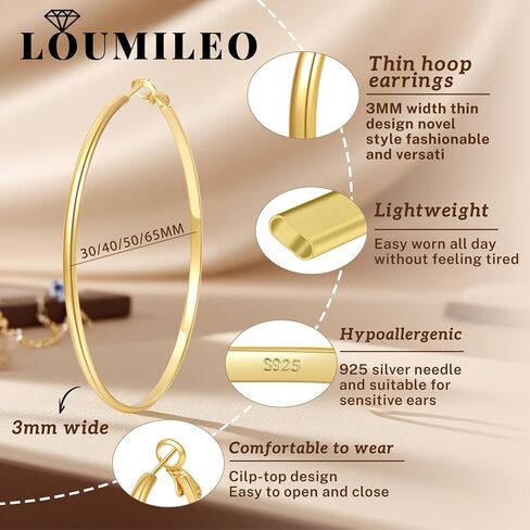 Loumileo 3mm Thin 925 Sterling Silver & 14K Gold Hoop أقراط أقراط فضية كبيرة للنساء أقراط الأطواق الخفيفة للنساء للنساء 30/40/10/65 ملم in Kuwait