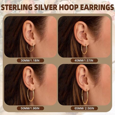 Loumileo 3mm Thin 925 Sterling Silver & 14K Gold Hoop أقراط أقراط فضية كبيرة للنساء أقراط الأطواق الخفيفة للنساء للنساء 30/40/10/65 ملم in Kuwait
