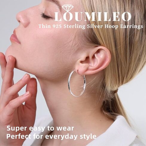 Loumileo 3mm Thin 925 Sterling Silver & 14K Gold Hoop أقراط أقراط فضية كبيرة للنساء أقراط الأطواق الخفيفة للنساء للنساء 30/40/10/65 ملم in Kuwait