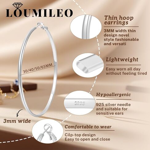 Loumileo 3mm Thin 925 Sterling Silver & 14K Gold Hoop أقراط أقراط فضية كبيرة للنساء أقراط الأطواق الخفيفة للنساء للنساء 30/40/10/65 ملم in Kuwait