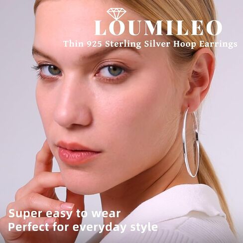 Loumileo 3mm Thin 925 Sterling Silver & 14K Gold Hoop أقراط أقراط فضية كبيرة للنساء أقراط الأطواق الخفيفة للنساء للنساء 30/40/10/65 ملم in Kuwait