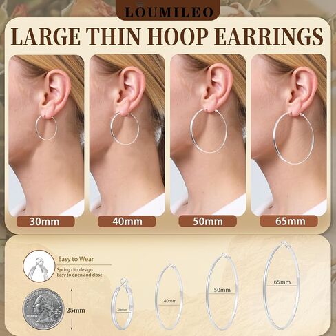 Loumileo 3mm Thin 925 Sterling Silver & 14K Gold Hoop أقراط أقراط فضية كبيرة للنساء أقراط الأطواق الخفيفة للنساء للنساء 30/40/10/65 ملم in Kuwait