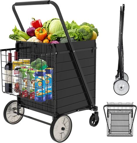 Heavy Duty Folding Shopping Cart for Groceries, Jumbo Grocery Carts with 360° Swivel Wheels, Waterproof Bag, Portable Utility Trolley for Daily, Laundry, Holds Up to 320 LBS in Kuwait