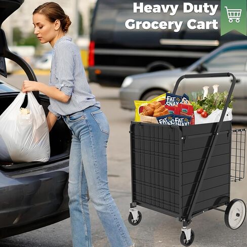 Heavy Duty Folding Shopping Cart for Groceries, Jumbo Grocery Carts with 360° Swivel Wheels, Waterproof Bag, Portable Utility Trolley for Daily, Laundry, Holds Up to 320 LBS in Kuwait