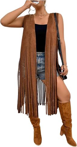 Women's Plus Size Western Fringe Vest Boho Tassel Cowgirl Sleeveless Jackets Outerwear in Saudi Arabia