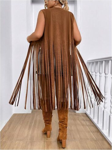 Women's Plus Size Western Fringe Vest Boho Tassel Cowgirl Sleeveless Jackets Outerwear in Saudi Arabia