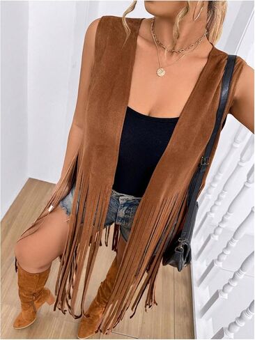 Women's Plus Size Western Fringe Vest Boho Tassel Cowgirl Sleeveless Jackets Outerwear in Saudi Arabia