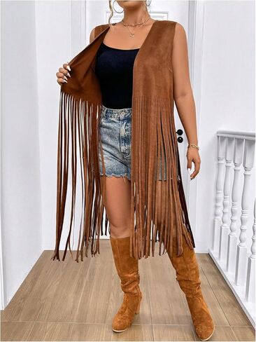 Women's Plus Size Western Fringe Vest Boho Tassel Cowgirl Sleeveless Jackets Outerwear in Saudi Arabia