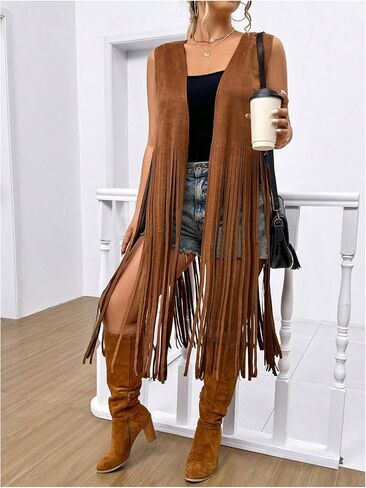 Women's Plus Size Western Fringe Vest Boho Tassel Cowgirl Sleeveless Jackets Outerwear in Saudi Arabia