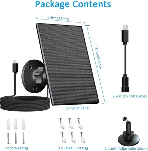 2W لوحة شمسية لكاميرا الأمان في الهواء الطلق ، شاحن USB/USB-C مع IP65 مقاومة للماء ، 360 درجة قابلة للتعديل وكابل 7.2 قدم ، متوافق مع كاميرات البطارية القابلة لإعادة الشحن (2 حزمة ، أسود) in Kuwait