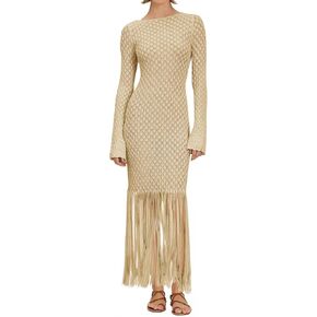 Fisoew Women's Swimsuit Crochet Cover Ups Summer Long Sleeve Tie Back Fringe Hem Beach Vacation Coverup Maxi Dress in Saudi Arabia