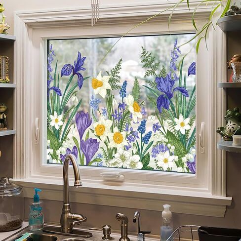 Window Privacy Film,Colorful Floral Window Stickers,Removable DIY Bouquet Static Clings, Decals for Home School Office Party Supplies, Wildflower Reverie‌, 17.5 x 78.7 in in Saudi Arabia