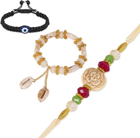 Hathkaam Designer White Rakhi & Lumba Rakhi- مجموعة 2 | سوار شرير حماية العيون التحرير والسرد لأخ/بهاي وبهابهي ، Rakhi المصنوعة يدويًا لـ Raksha Bandhan (HKRL031) in Kuwait