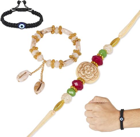 Hathkaam Designer White Rakhi & Lumba Rakhi- مجموعة 2 | سوار شرير حماية العيون التحرير والسرد لأخ/بهاي وبهابهي ، Rakhi المصنوعة يدويًا لـ Raksha Bandhan (HKRL031) in Kuwait