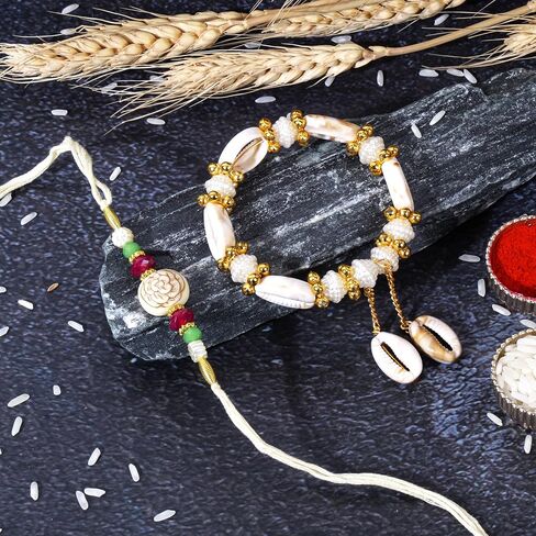 Hathkaam Designer White Rakhi & Lumba Rakhi- مجموعة 2 | سوار شرير حماية العيون التحرير والسرد لأخ/بهاي وبهابهي ، Rakhi المصنوعة يدويًا لـ Raksha Bandhan (HKRL031) in Kuwait